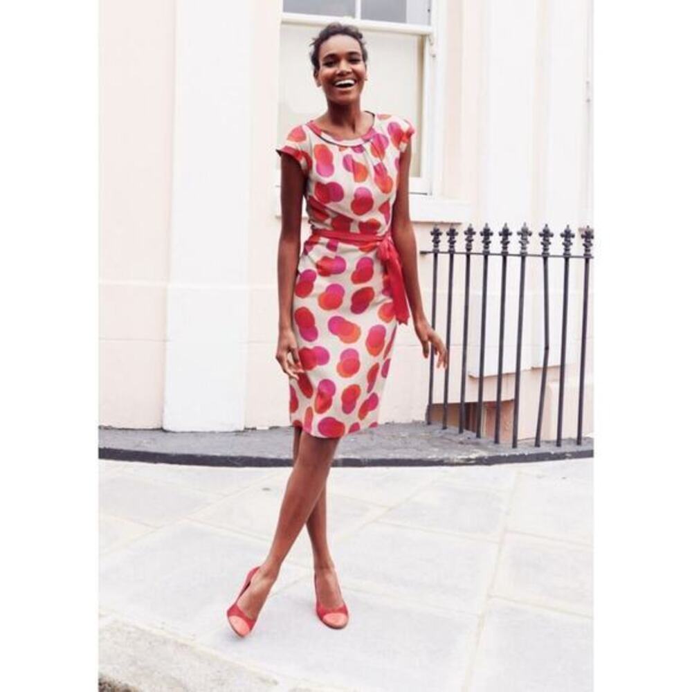 Boden putney spot dress pink orange gray taupe silk midi dot print retro size 6